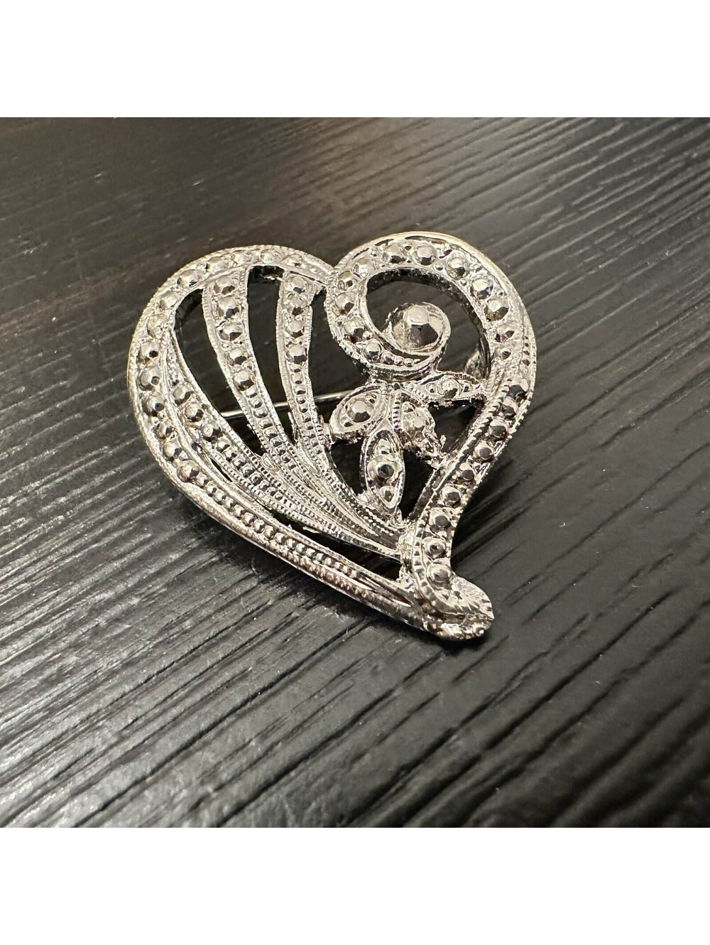 Silver Tone Openwork Heart Brooch With Clear Rhinestones Vintage Style